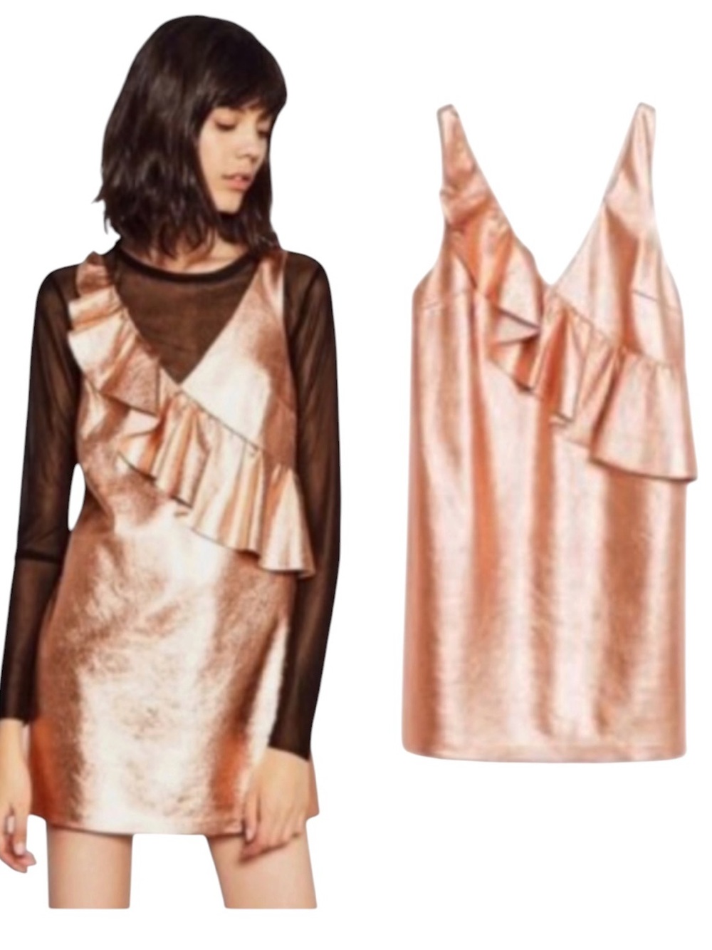 LN Zara Rose Gold Faux Leather Ruffle Sleeveless Shift Mini Dress - S